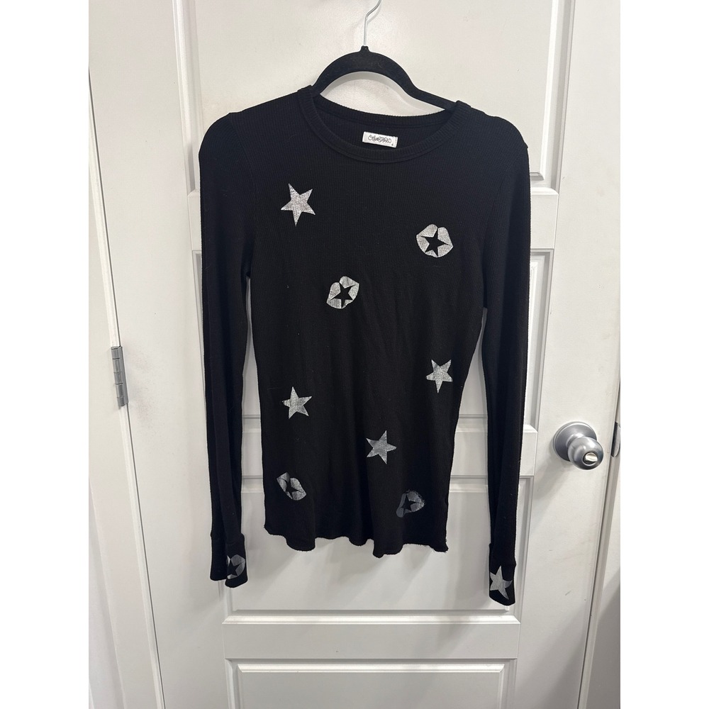 Lauren Moshi Womens Black‎ Thermal Knit Stars Lips Glitter Graphic Long Sleeve S